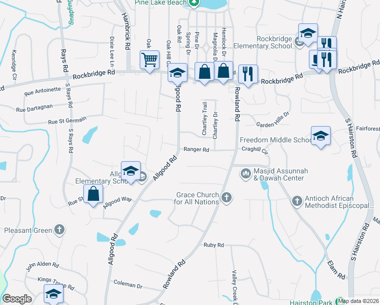 map of restaurants, bars, coffee shops, grocery stores, and more near 4027 Ranger Road in Stone Mountain