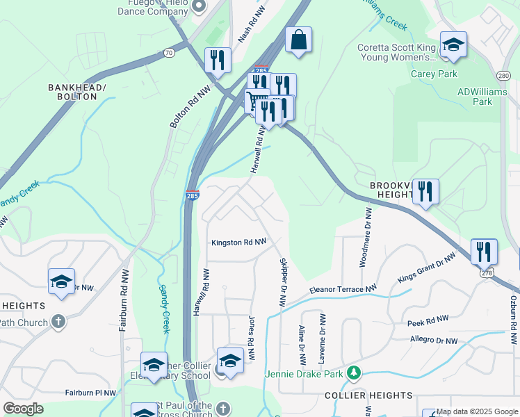 map of restaurants, bars, coffee shops, grocery stores, and more near 313 Skipper Place Northwest in Atlanta