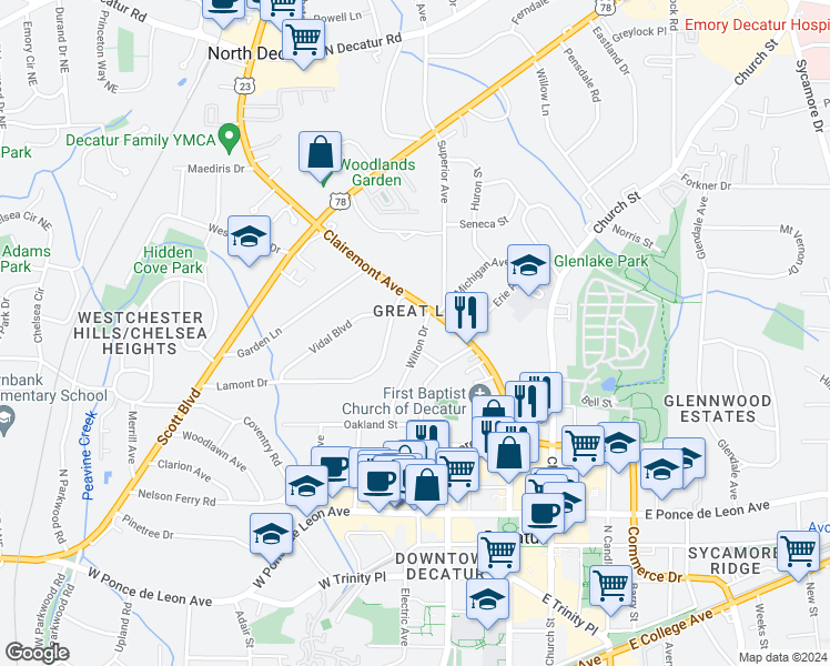 map of restaurants, bars, coffee shops, grocery stores, and more near 122 Wilton Drive in Decatur
