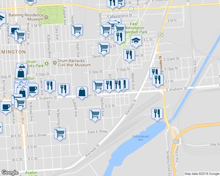map of restaurants, bars, coffee shops, grocery stores, and more near 823 North Flint Avenue in Los Angeles