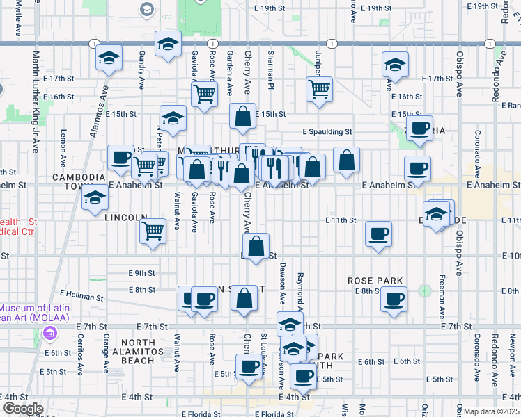 map of restaurants, bars, coffee shops, grocery stores, and more near 1131 Saint Louis Avenue in Long Beach