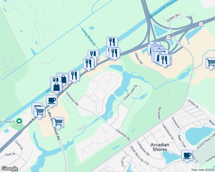 map of restaurants, bars, coffee shops, grocery stores, and more near 225 Lansdowne Court in Myrtle Beach