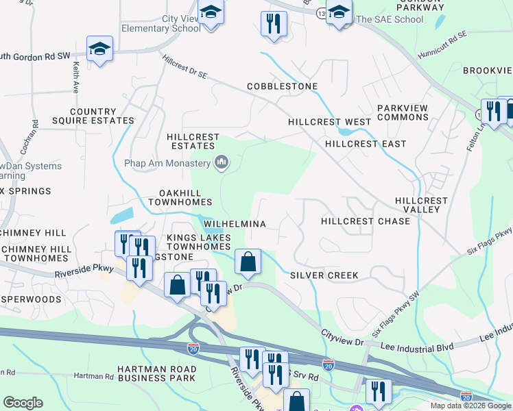 map of restaurants, bars, coffee shops, grocery stores, and more near 6916 Silver Bend Place Southeast in Austell