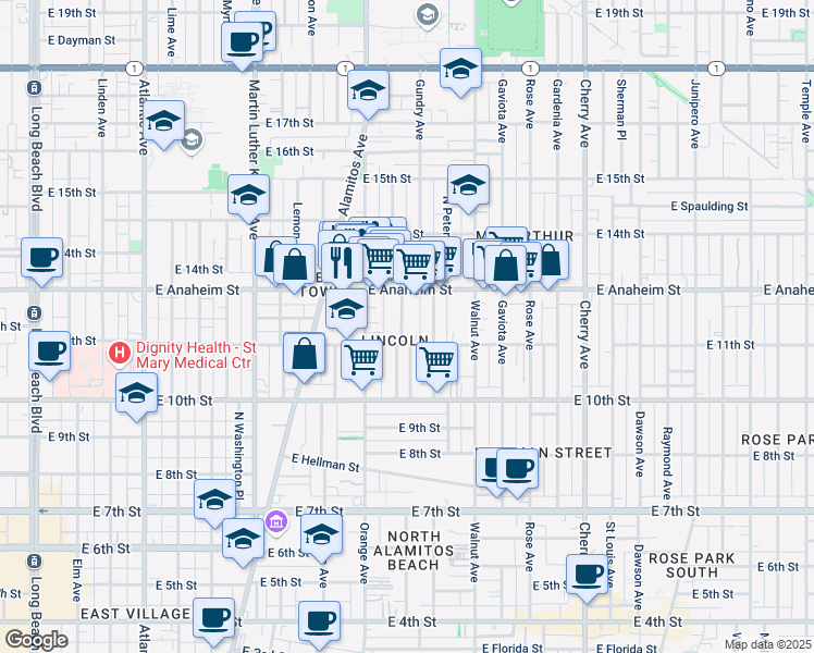 map of restaurants, bars, coffee shops, grocery stores, and more near 1108 Mahanna Avenue in Long Beach