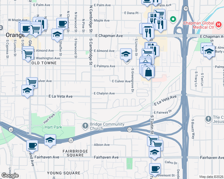 map of restaurants, bars, coffee shops, grocery stores, and more near 1140 East Mardell Avenue in Orange