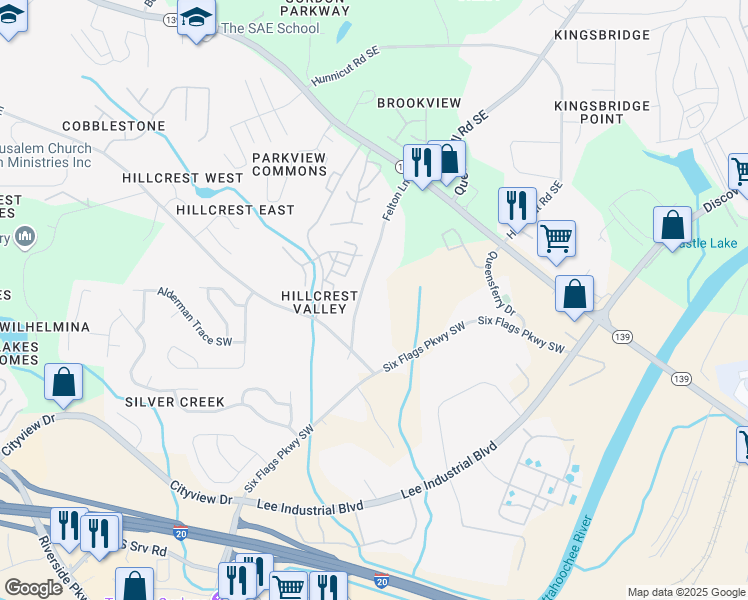 map of restaurants, bars, coffee shops, grocery stores, and more near 7095 Felton Lane in Mableton