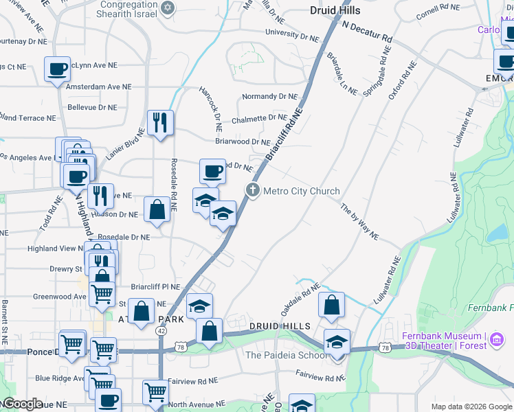 map of restaurants, bars, coffee shops, grocery stores, and more near 999 Briarcliff Road Northeast in Atlanta