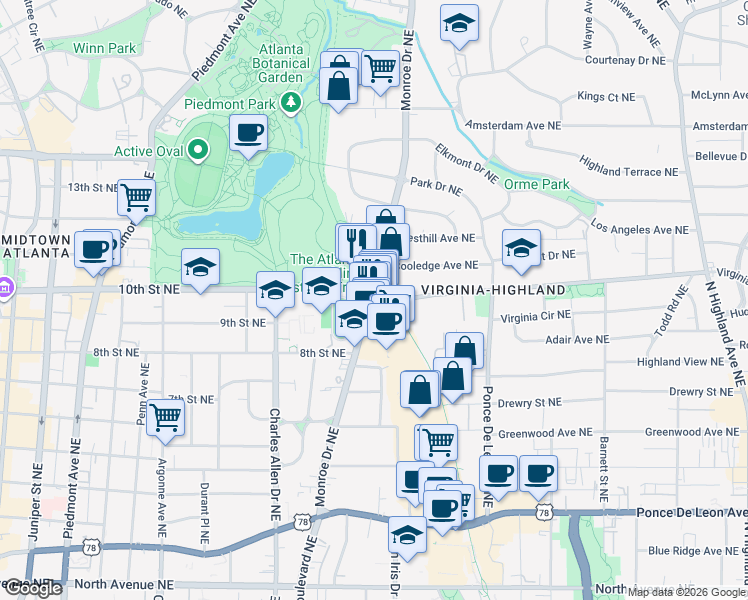 map of restaurants, bars, coffee shops, grocery stores, and more near 988 Monroe Dr NE in Atlanta