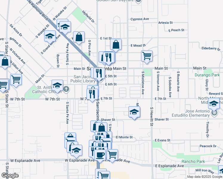 map of restaurants, bars, coffee shops, grocery stores, and more near 633 South Jordan Avenue in San Jacinto