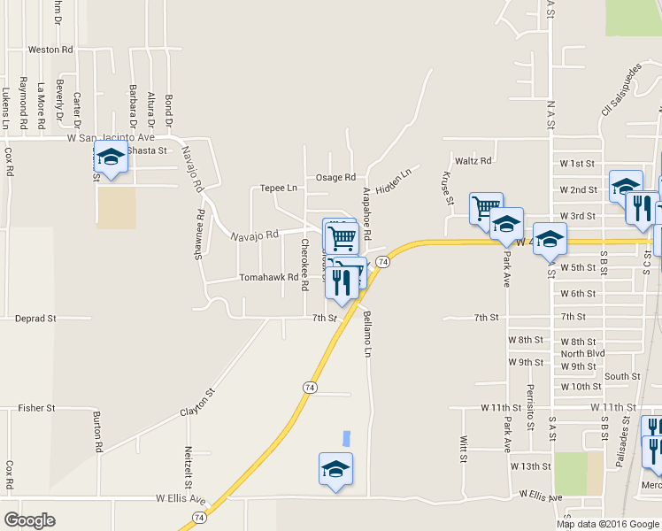 map of restaurants, bars, coffee shops, grocery stores, and more near 545 Sioux Drive in Perris