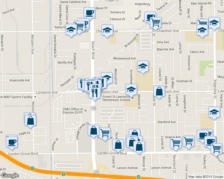 map of restaurants, bars, coffee shops, grocery stores, and more near 8150 Carmel Drive in Stanton