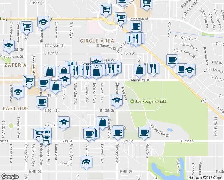 map of restaurants, bars, coffee shops, grocery stores, and more near 1137 Bennett Avenue in Long Beach