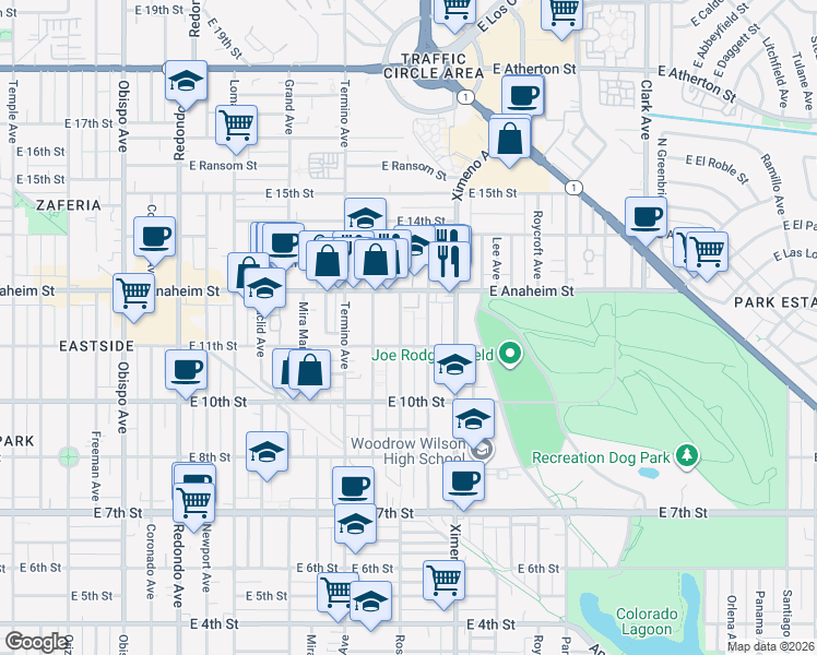 map of restaurants, bars, coffee shops, grocery stores, and more near 1137 Bennett Avenue in Long Beach