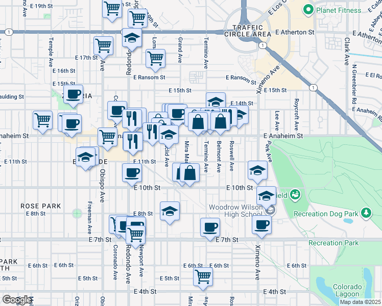 map of restaurants, bars, coffee shops, grocery stores, and more near 1146 Mira Mar Avenue in Long Beach