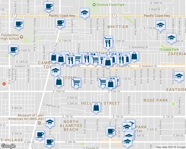 map of restaurants, bars, coffee shops, grocery stores, and more near 1141 Rose Avenue in Long Beach