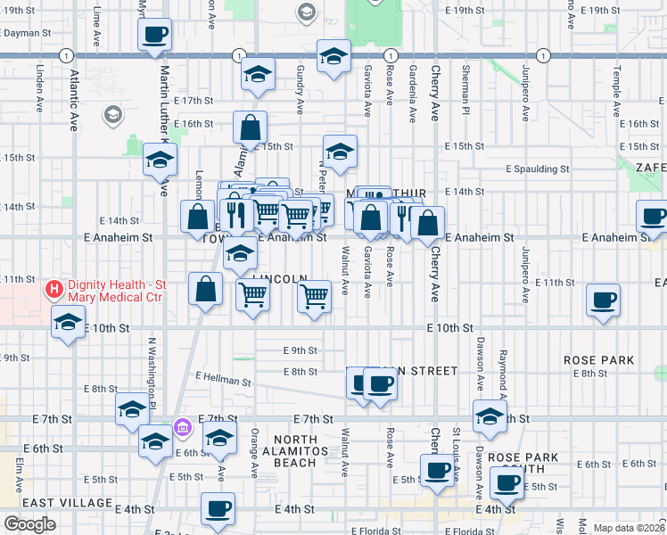 map of restaurants, bars, coffee shops, grocery stores, and more near 1151 Walnut Avenue in Long Beach