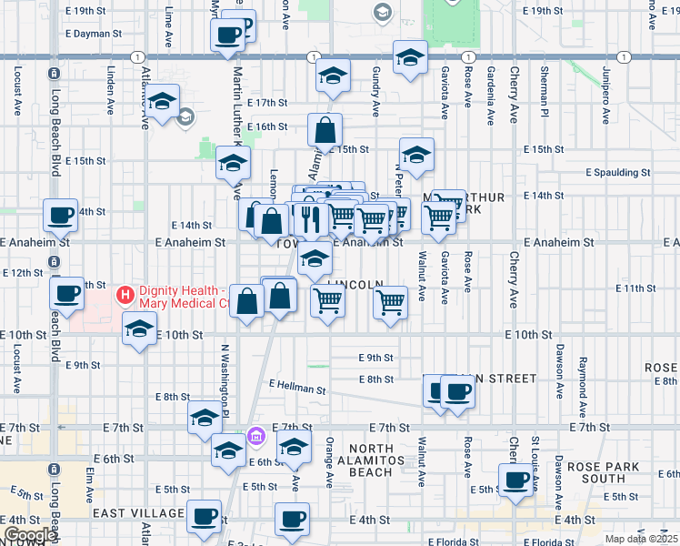 map of restaurants, bars, coffee shops, grocery stores, and more near 1148 Orange Avenue in Long Beach
