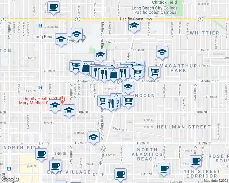 map of restaurants, bars, coffee shops, grocery stores, and more near 1128 East 12th Street in Long Beach