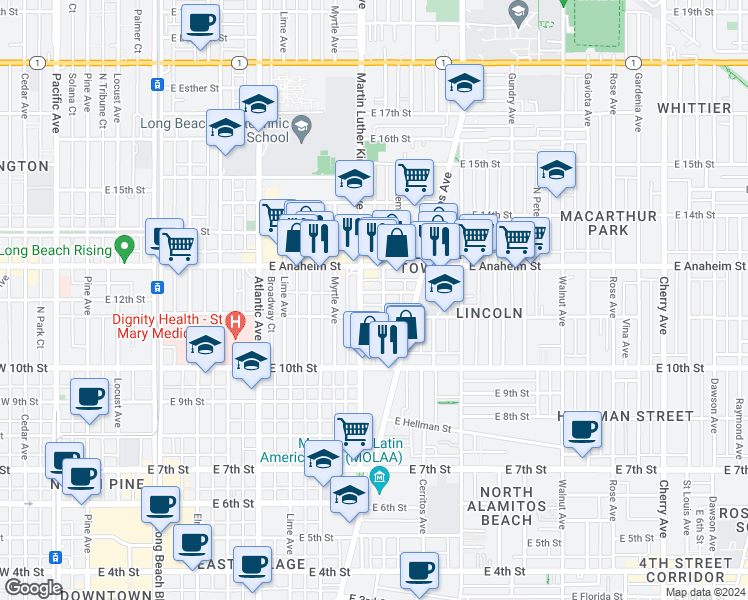 map of restaurants, bars, coffee shops, grocery stores, and more near 1140 Martin Luther King Junior Avenue in Long Beach