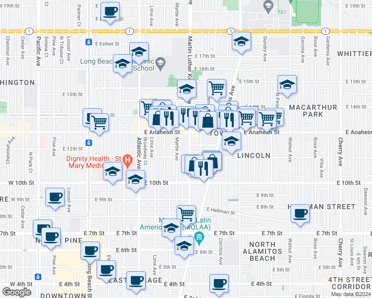 map of restaurants, bars, coffee shops, grocery stores, and more near 1140 Martin Luther King Junior Avenue in Long Beach