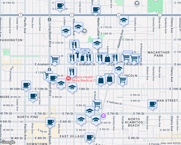 map of restaurants, bars, coffee shops, grocery stores, and more near 1145 Myrtle Avenue in Long Beach