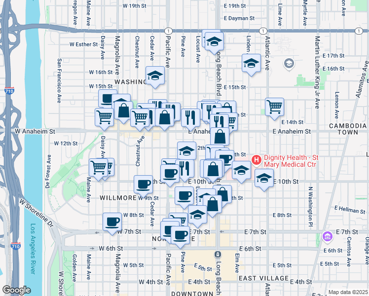 map of restaurants, bars, coffee shops, grocery stores, and more near 1205 Pine Avenue in Long Beach