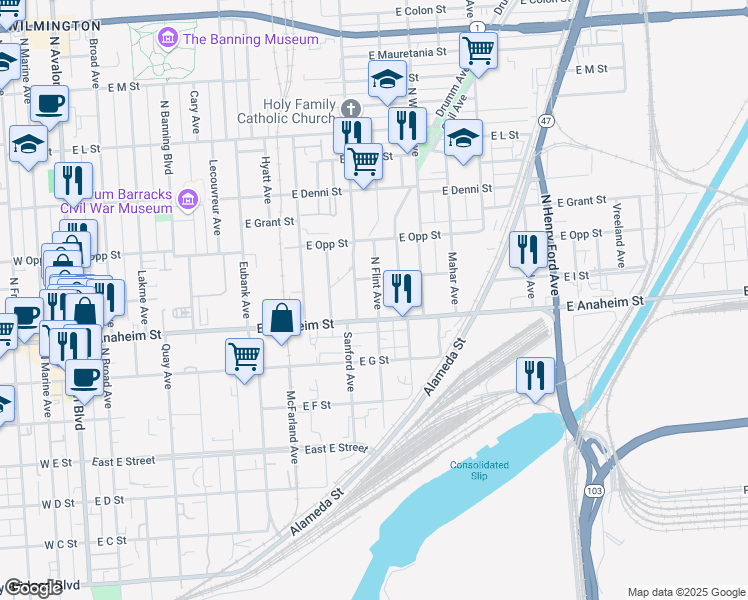 map of restaurants, bars, coffee shops, grocery stores, and more near 823 North Flint Avenue in Los Angeles