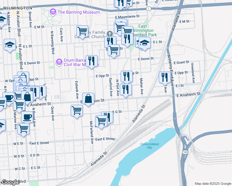 map of restaurants, bars, coffee shops, grocery stores, and more near 823 North Flint Avenue in Los Angeles