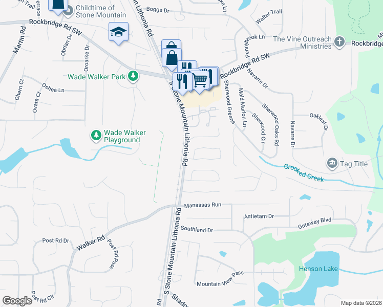 map of restaurants, bars, coffee shops, grocery stores, and more near 5773 Wells Circle in Stone Mountain