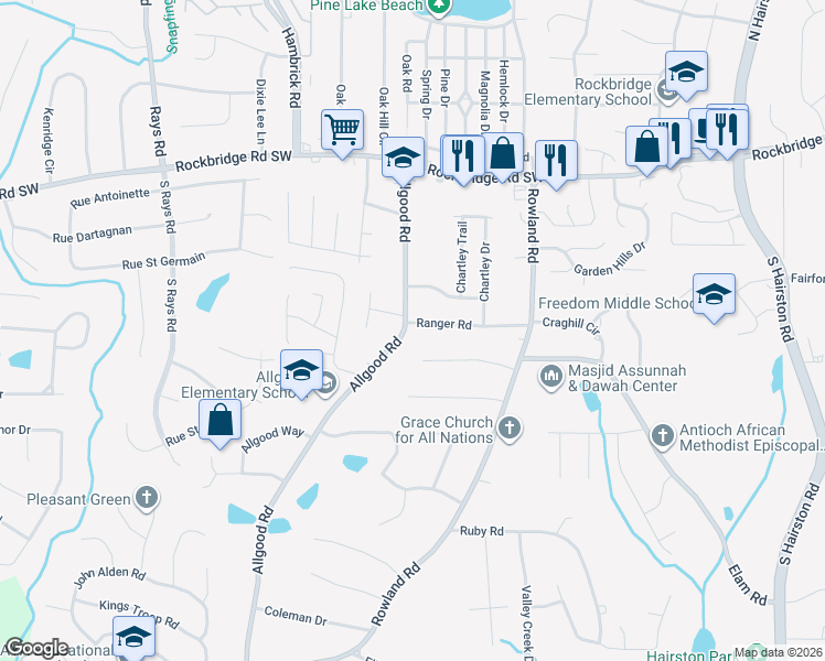 map of restaurants, bars, coffee shops, grocery stores, and more near 550 Allgood Road in Stone Mountain
