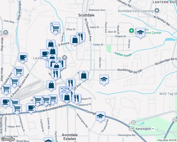 map of restaurants, bars, coffee shops, grocery stores, and more near 230 North Clarendon Avenue in Avondale Estates