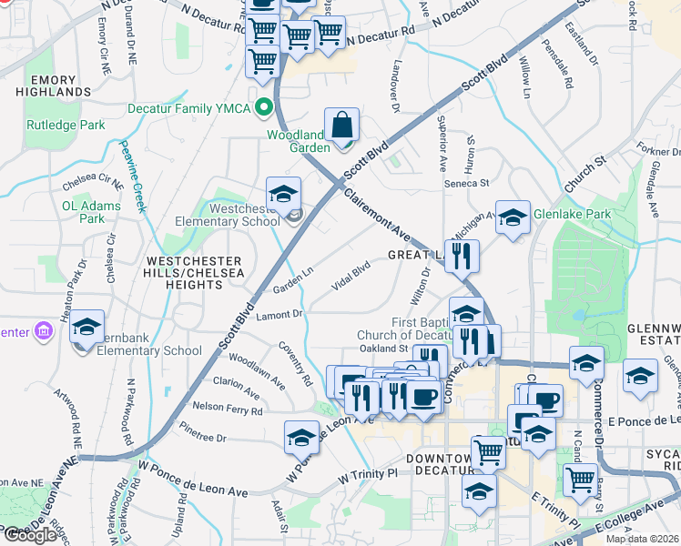 map of restaurants, bars, coffee shops, grocery stores, and more near 164 Garden Lane in Decatur
