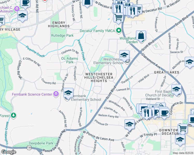 map of restaurants, bars, coffee shops, grocery stores, and more near 236 Chelsea Drive in Decatur