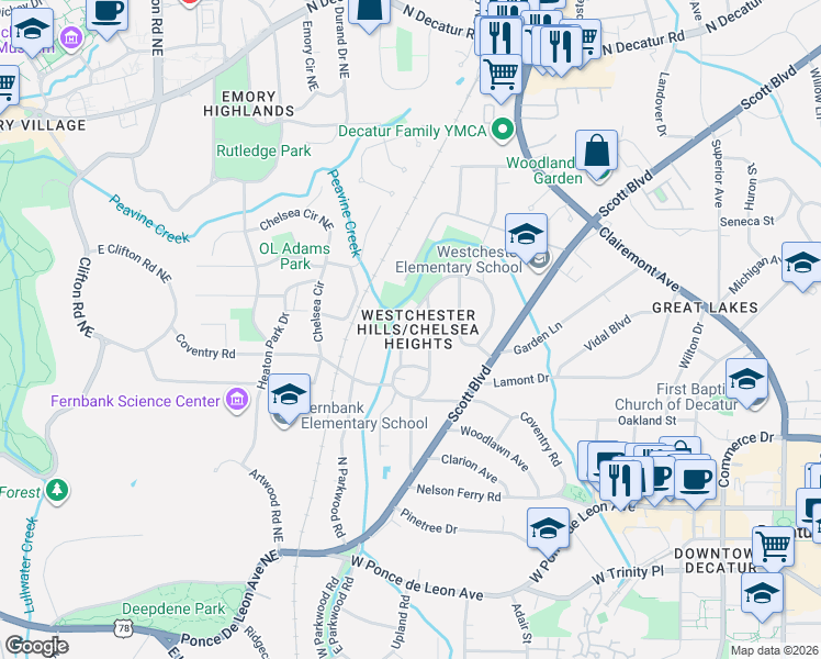 map of restaurants, bars, coffee shops, grocery stores, and more near 236 Chelsea Drive in Decatur