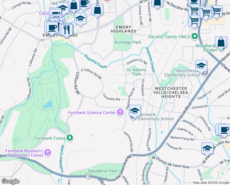 map of restaurants, bars, coffee shops, grocery stores, and more near 1731 Coventry Place in Decatur