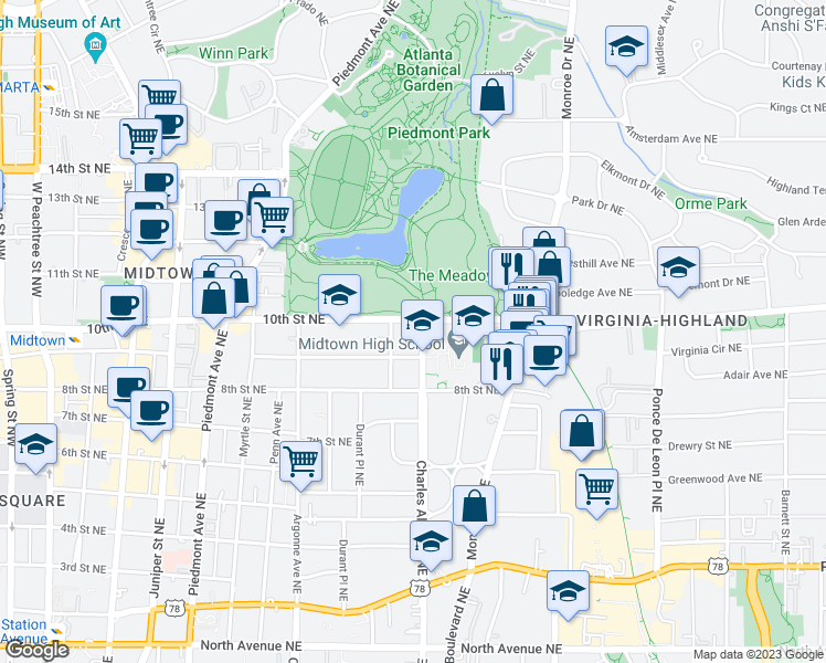 map of restaurants, bars, coffee shops, grocery stores, and more near 417 10th Street Northeast in Atlanta