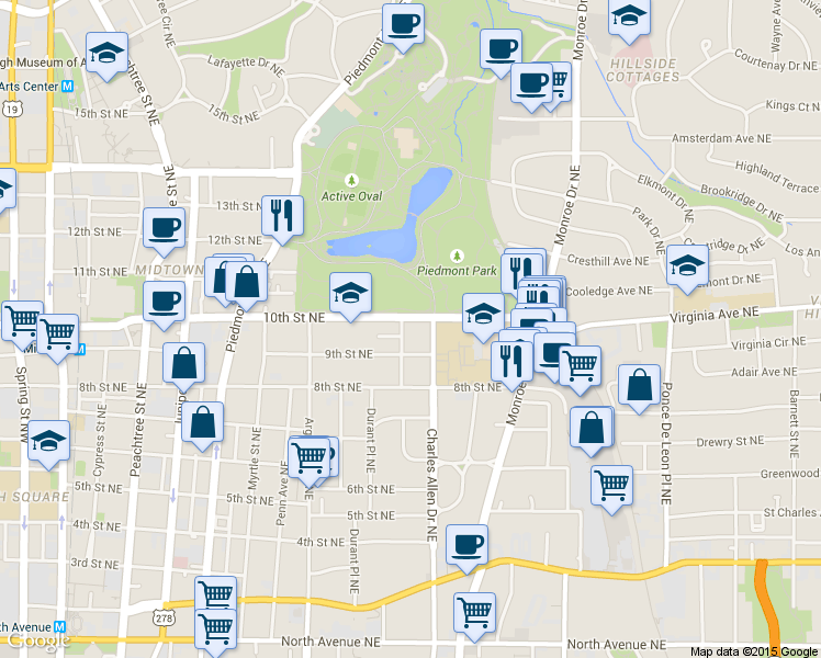 map of restaurants, bars, coffee shops, grocery stores, and more near 417 10th Street Northeast in Atlanta