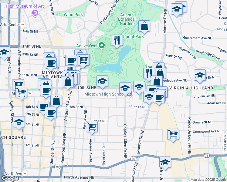 map of restaurants, bars, coffee shops, grocery stores, and more near 371 10th Street Northeast in Atlanta