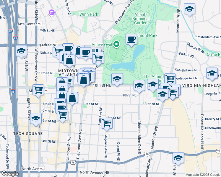 map of restaurants, bars, coffee shops, grocery stores, and more near 331 10th Street Northeast in Atlanta