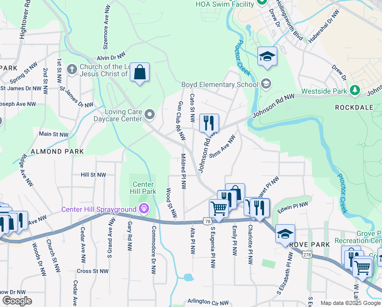 map of restaurants, bars, coffee shops, grocery stores, and more near Cato Street Northwest in Atlanta