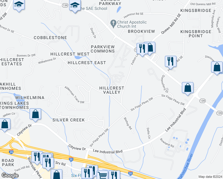 map of restaurants, bars, coffee shops, grocery stores, and more near 7074 Felton Lane in Mableton
