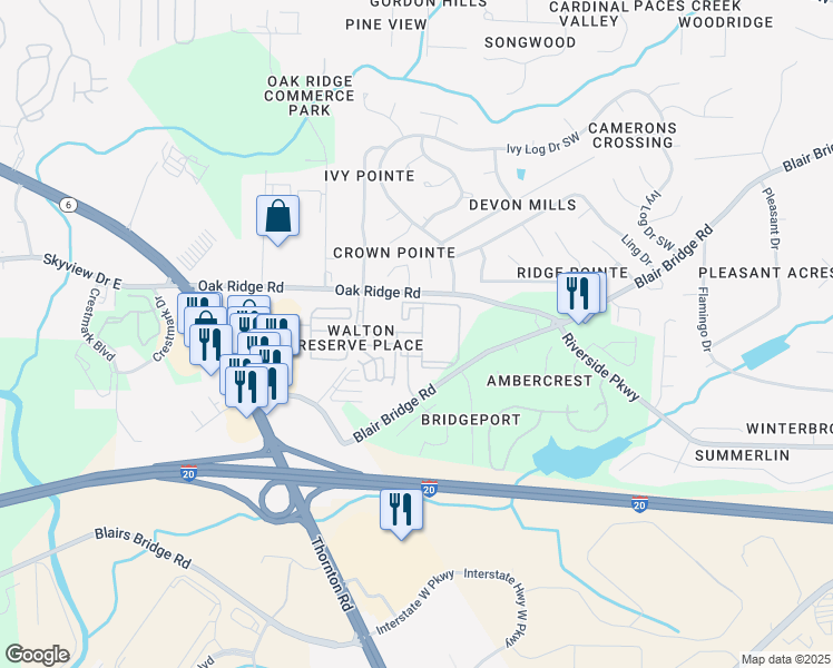 map of restaurants, bars, coffee shops, grocery stores, and more near 1500 Walton Reserve Boulevard in Austell