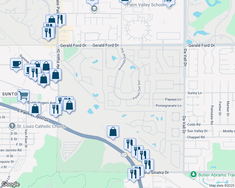 map of restaurants, bars, coffee shops, grocery stores, and more near 36712 Avenida Del Sol in Cathedral City