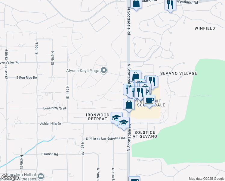map of restaurants, bars, coffee shops, grocery stores, and more near 7114 East Aloe Vera Drive in Scottsdale