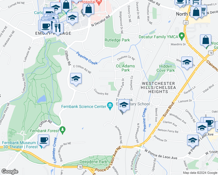 map of restaurants, bars, coffee shops, grocery stores, and more near 1754 Coventry Place in Decatur