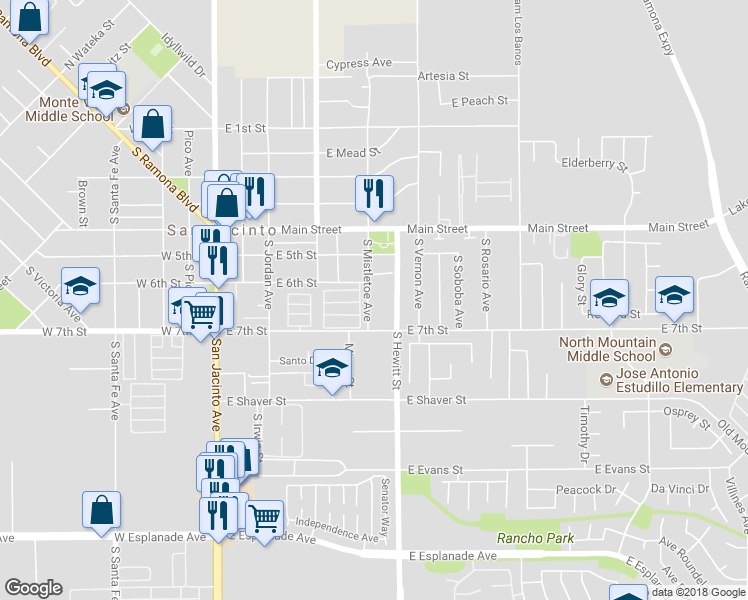 map of restaurants, bars, coffee shops, grocery stores, and more near 623 South Mistletoe Avenue in San Jacinto