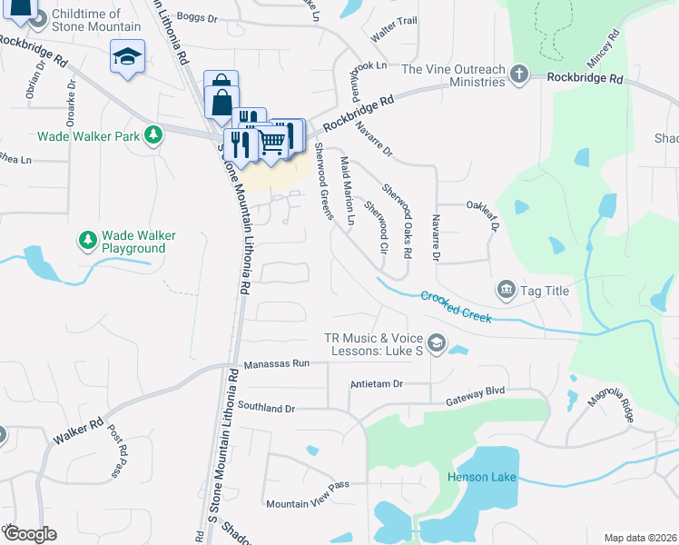 map of restaurants, bars, coffee shops, grocery stores, and more near 557 Old Friar Tuck Lane in Stone Mountain