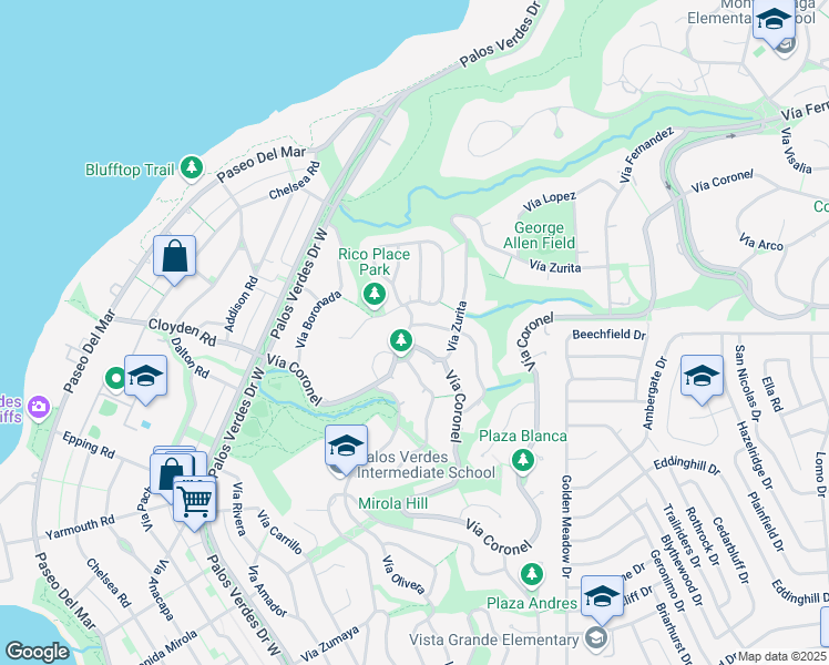 map of restaurants, bars, coffee shops, grocery stores, and more near 1724 Vía Estudillo in Palos Verdes Estates