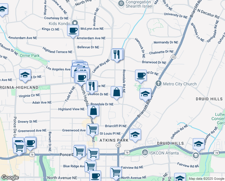 map of restaurants, bars, coffee shops, grocery stores, and more near 1153 North Virginia Avenue Northeast in Atlanta