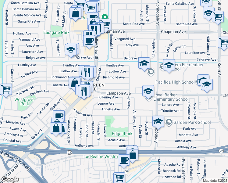 map of restaurants, bars, coffee shops, grocery stores, and more near 6132 Pickett Avenue in Garden Grove